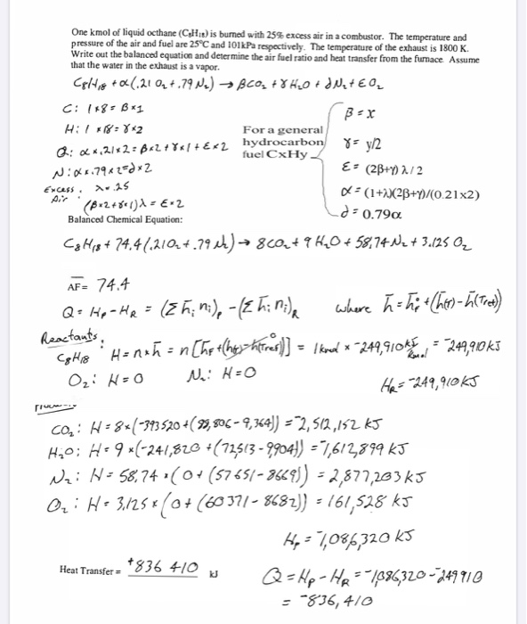 Solved Liquid octane (C3H18, Cp=2.28 kJ/kg-K) is burned in a | Chegg.com