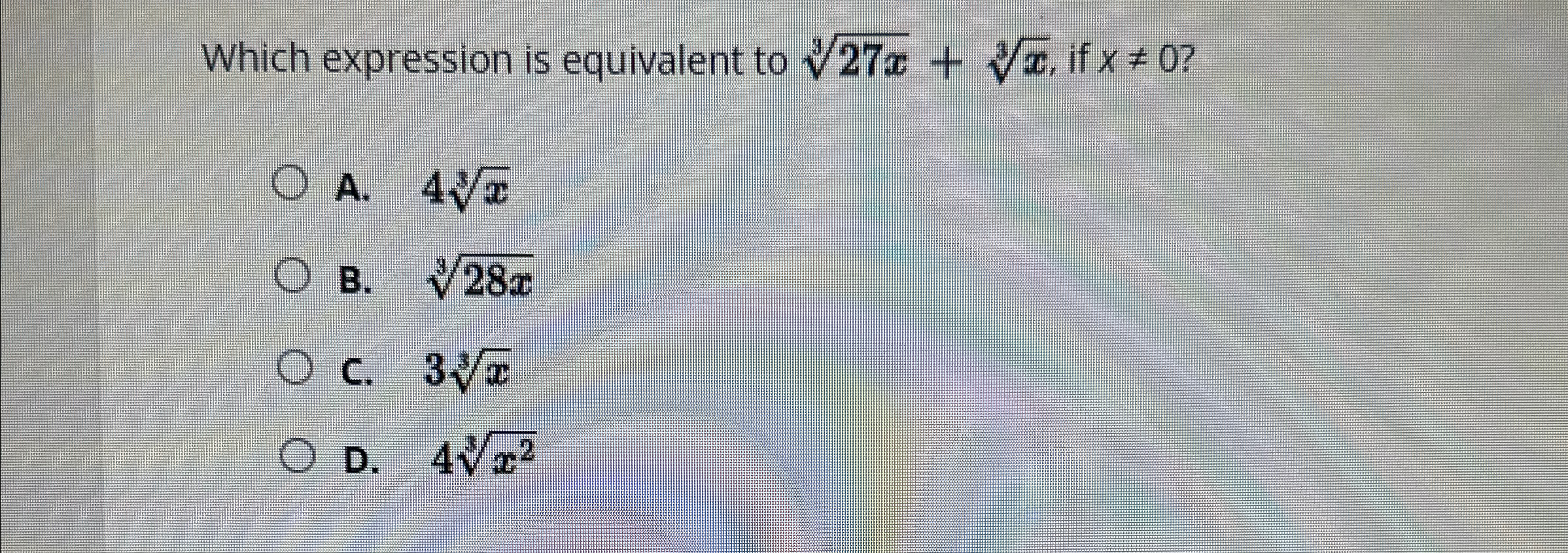 Solved Which expression is equivalent to 27x3+x3, ﻿if | Chegg.com
