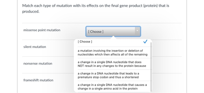 Solved Match each type of mutation with its effects on the | Chegg.com