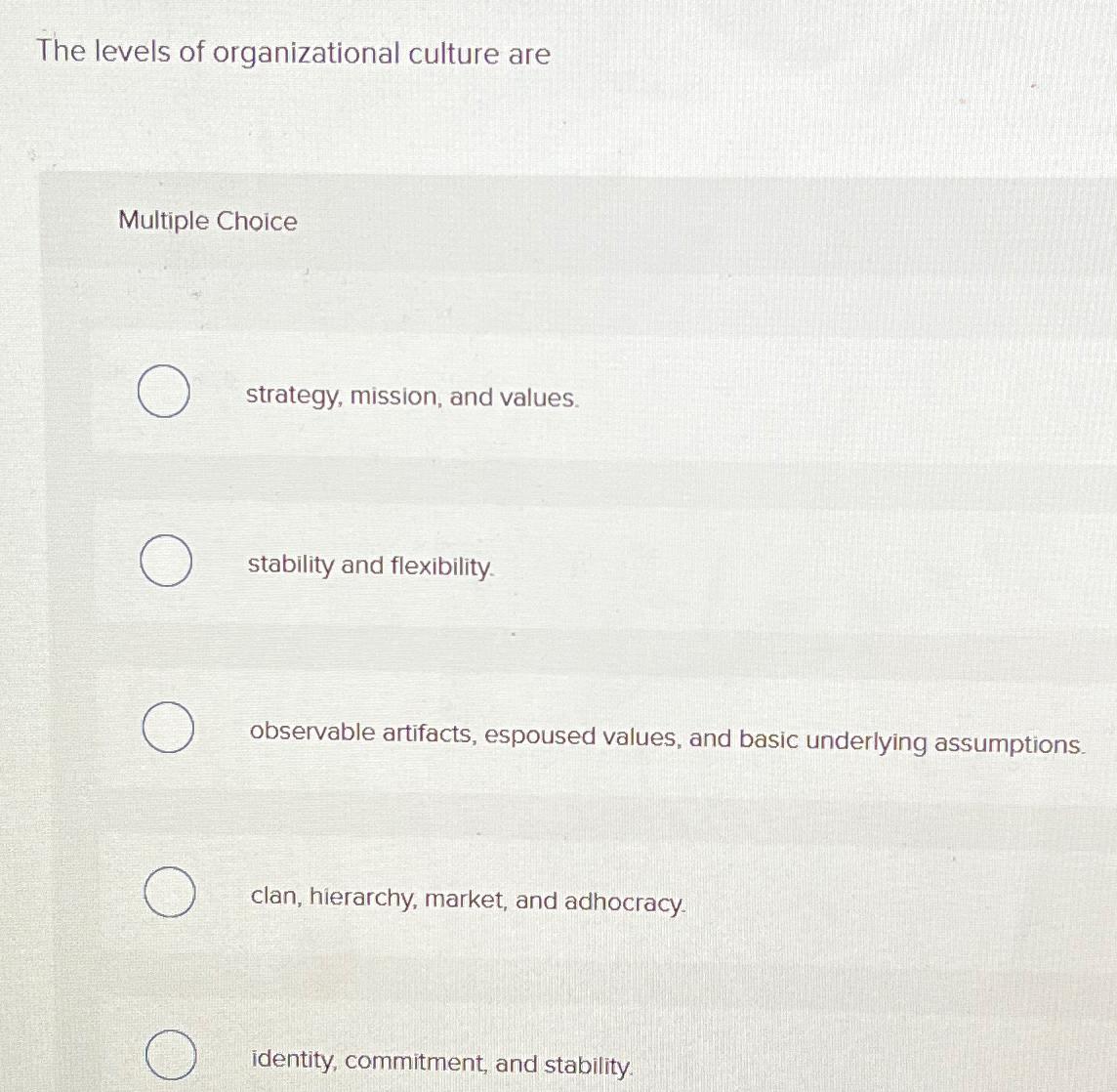 Solved The levels of organizational culture areMultiple