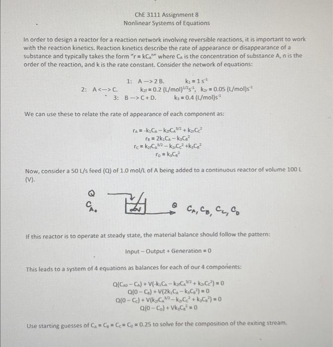 Solved ChE 3111 Assignment 8 Nonlinear Systems of Equations | Chegg.com