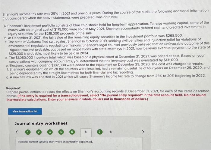 Shannons income tax rate was \( 25 \% \) in 2021 and previous years. During the course of the audit, the following additiona