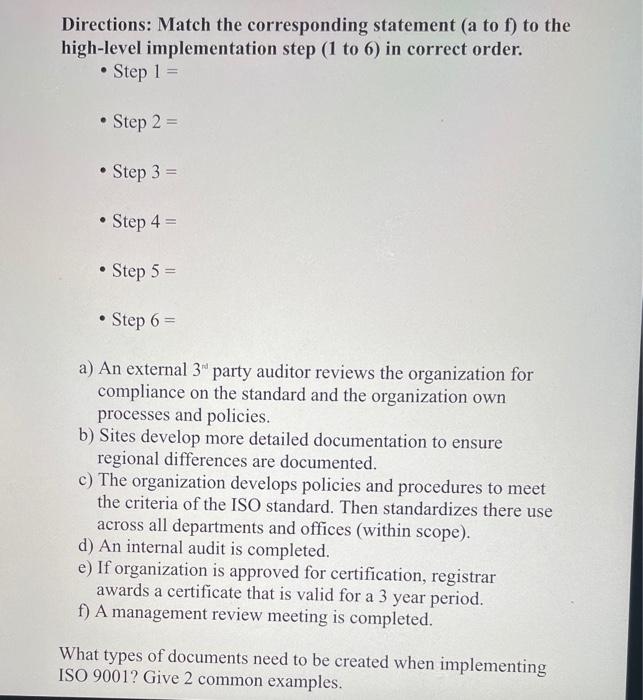 Solved Directions: Match the corresponding statement (a to | Chegg.com