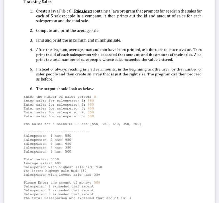 Solved Tracking Sales 1. Create a java File call Sales.java | Chegg.com