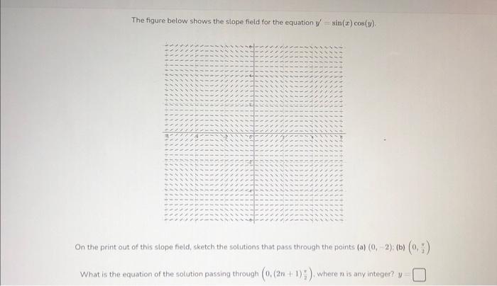 The figure below shows the slope field for the equation \( y^{\prime}=\sin (x) \cos (y) \).
On the print out of this stope fi