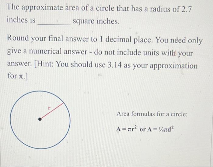 which expression represents the approximate area of the circle in square inches