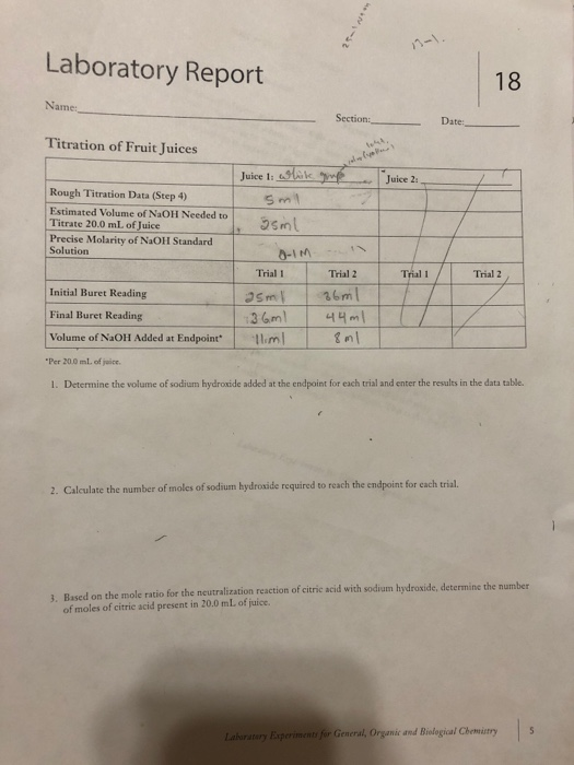 Solved Laboratory Report Name Section Date Titration of