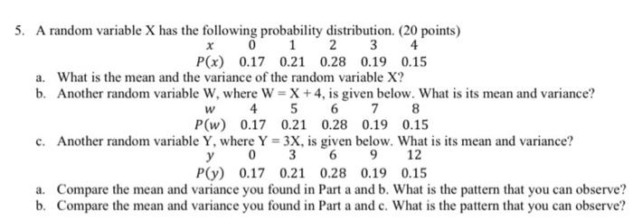 Solved w 5. A random variable X has the following | Chegg.com
