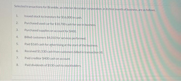 Solved Selected transactions for Bramble, an interior | Chegg.com