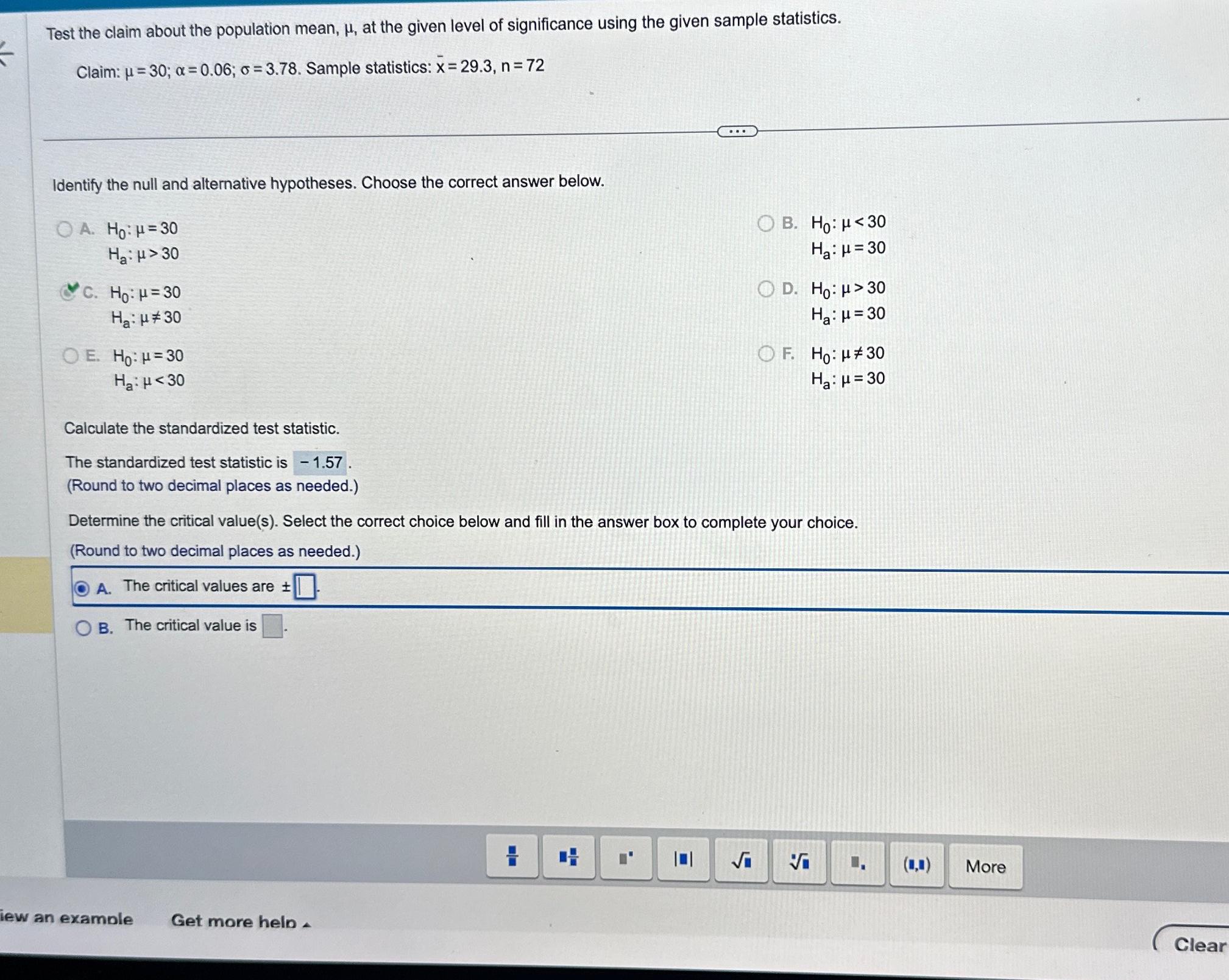 Solved Test the claim about the population mean, μ, ﻿at the | Chegg.com