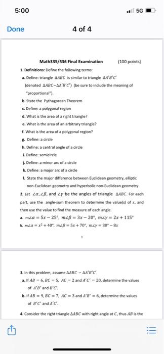 Solved 5:00 . 5G Done 4 of 4 Math335/536 Final Examination | Chegg.com