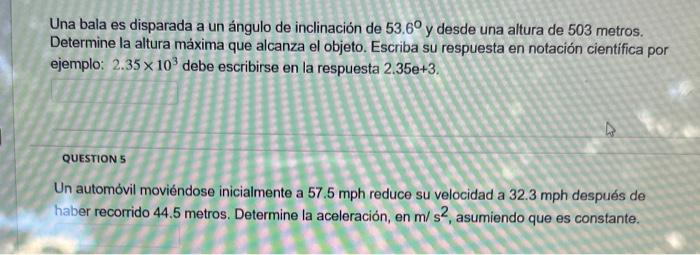 Una bala es disparada a un ángulo de inclinación de \( 53.6^{\circ} \) y desde una altura de 503 metros. Determine la altura