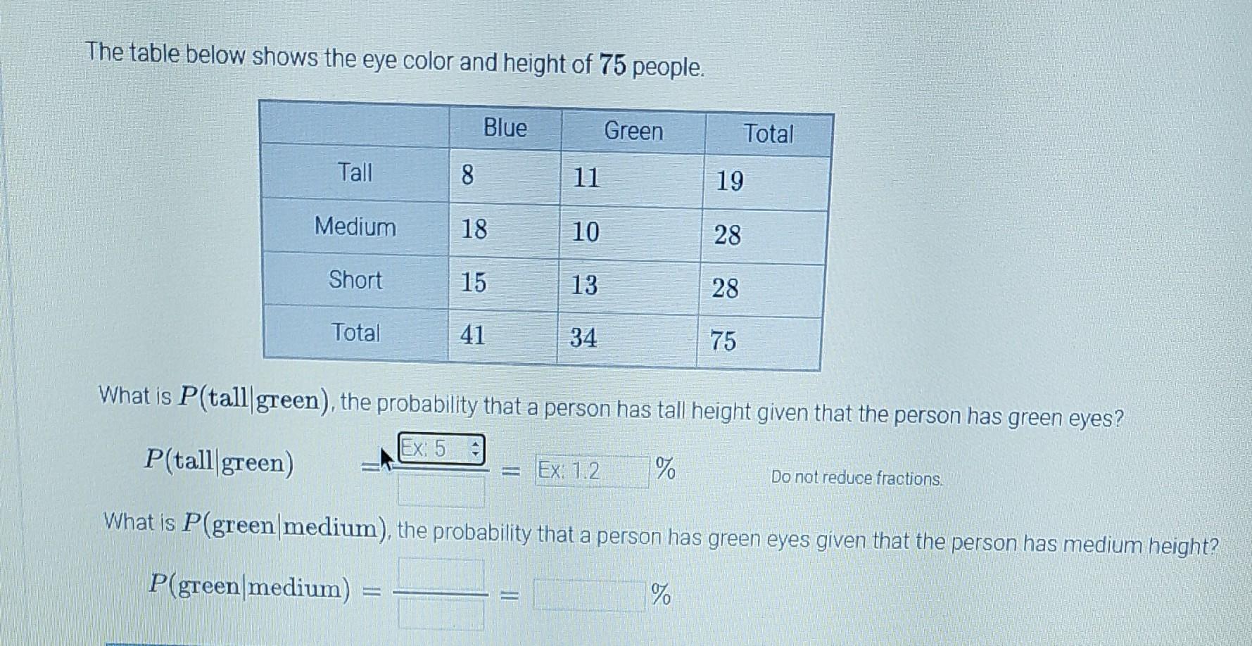 Solved The table below shows the eye color and height of 75