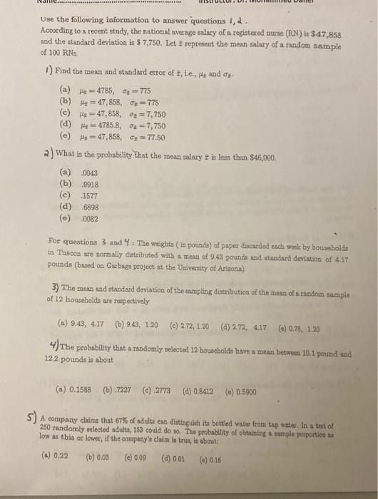 Solved Use the following information to answer questions 1,2 | Chegg.com