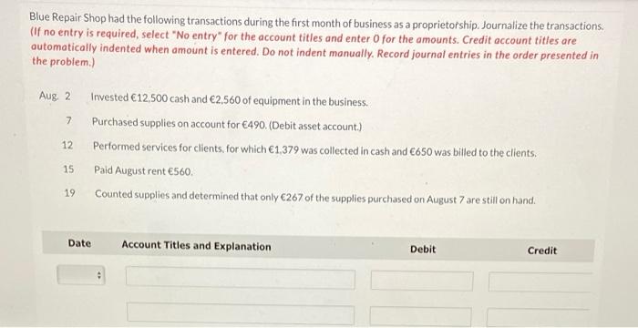 Solved Blue Repair Shop had the following transactions | Chegg.com