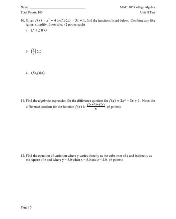 Solved 10. Given f(x)=x2−4 and g(x)=3x+1, find the functions | Chegg.com