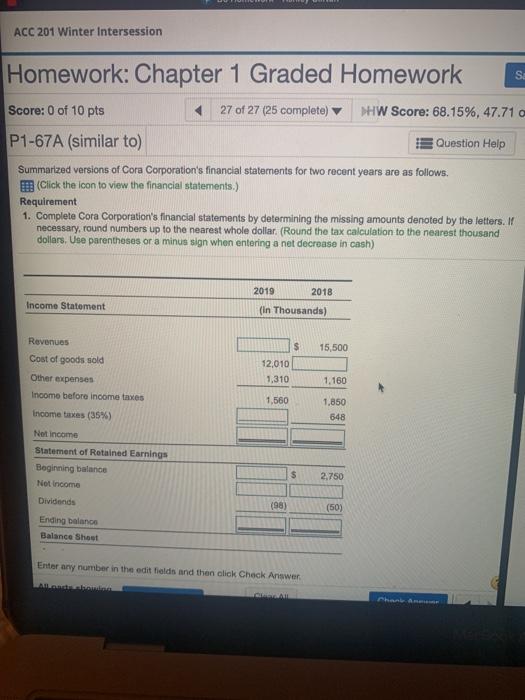 Solved ACC 201 Winter Intersession Homework: Chapter 1 | Chegg.com
