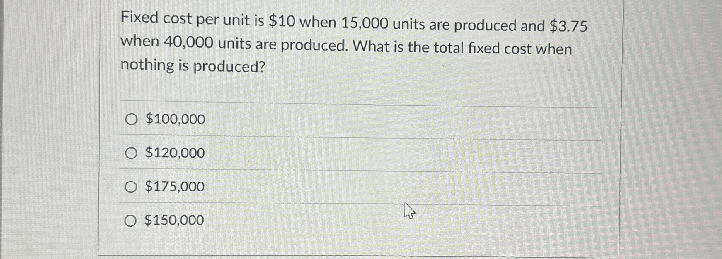 Solved Fixed cost per unit is $10 ﻿when 15,000 ﻿units are | Chegg.com
