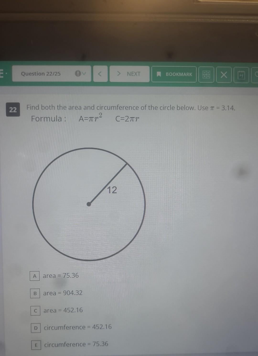 find the circumference of the circle below use 3.14 for π