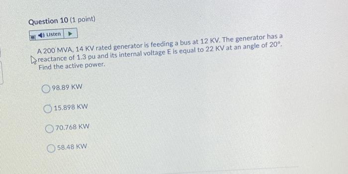 Solved Question 10 1 Point Listen A 200 Mva 14 Kv Rated