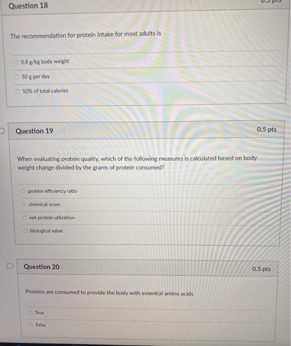 Solved 0.- Question 18 The recommendation for protein intake | Chegg.com