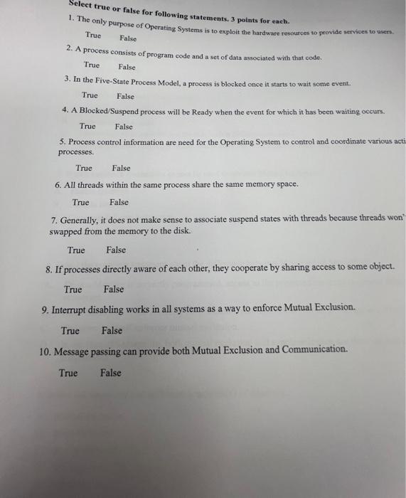 Solved Select true or false for following statements. 3 | Chegg.com