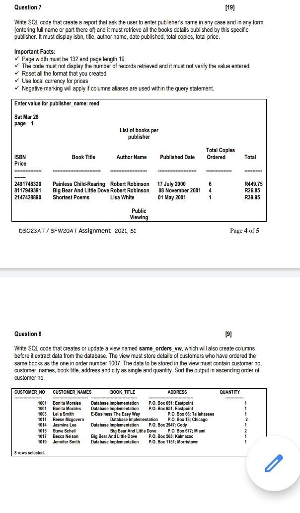 Solved Question 7 [19] Write SQL code that create a report | Chegg.com