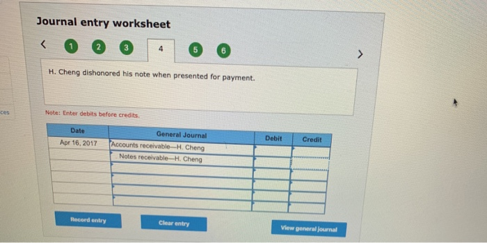 Solved Journal entry worksheet &lt; 0 @ 4 6 O H. Cheng | Chegg.com