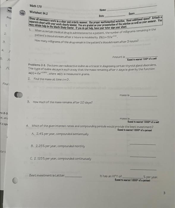 Solved Math 175 Name: Worksheet: $4.1 Score Pate Show all | Chegg.com