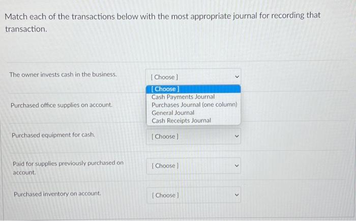 Solved Match each of the transactions below with the most | Chegg.com