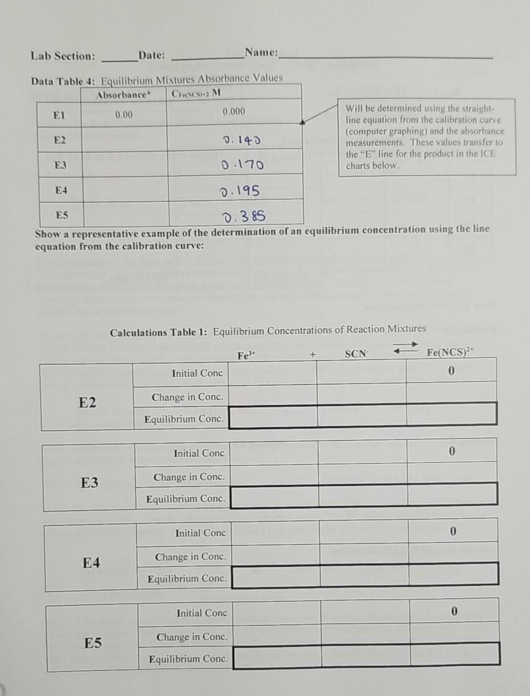 Lab Section: Date: Name: Data Table 4: Equilibrium | Chegg.com