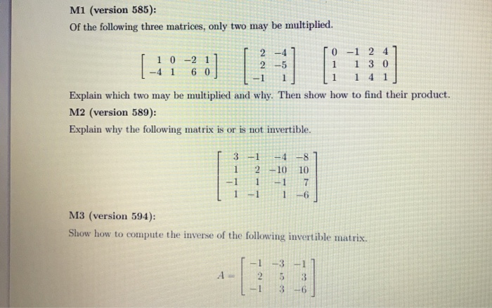 Solved M1 (version 585): Of the following three matrices, | Chegg.com