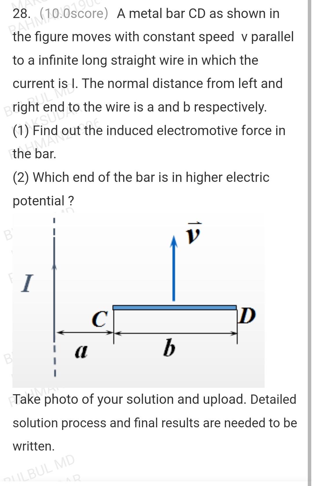 Solved 28. (10.0score) A metal bar CD as shown in the figure | Chegg.com