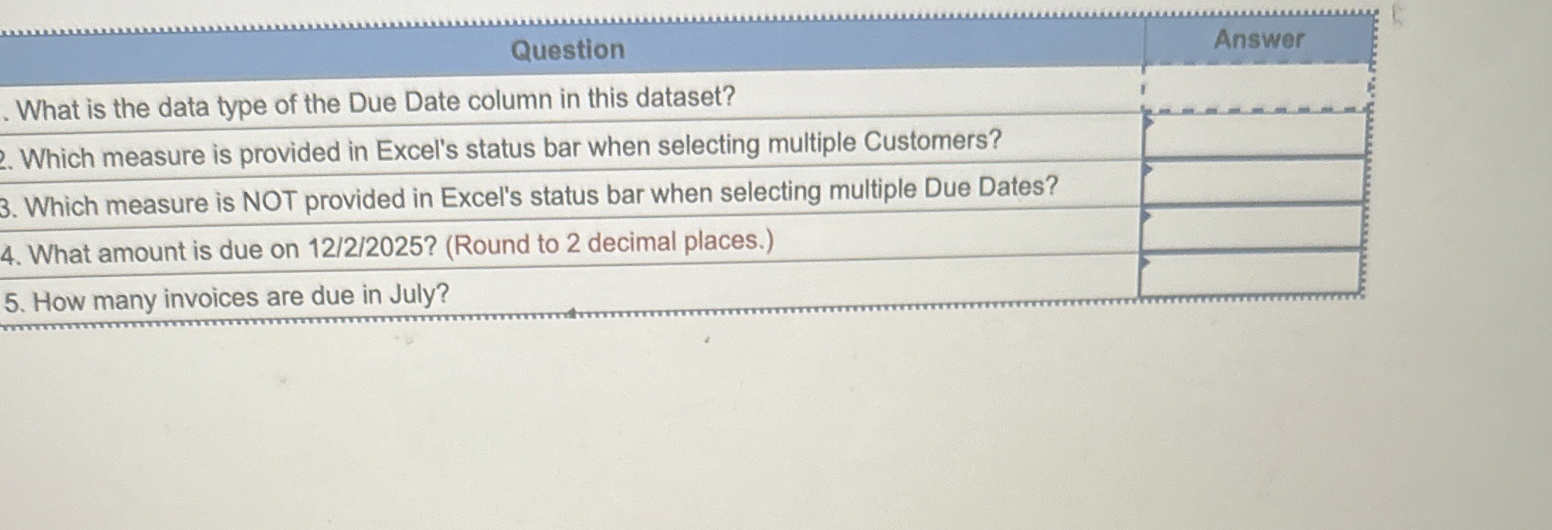 What is the data type of the Due Date column in this | Chegg.com