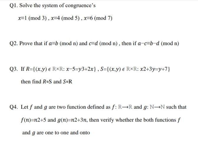 Solved Q1 Solve The System Of Congruence S X 1 Mod 3 Chegg Com