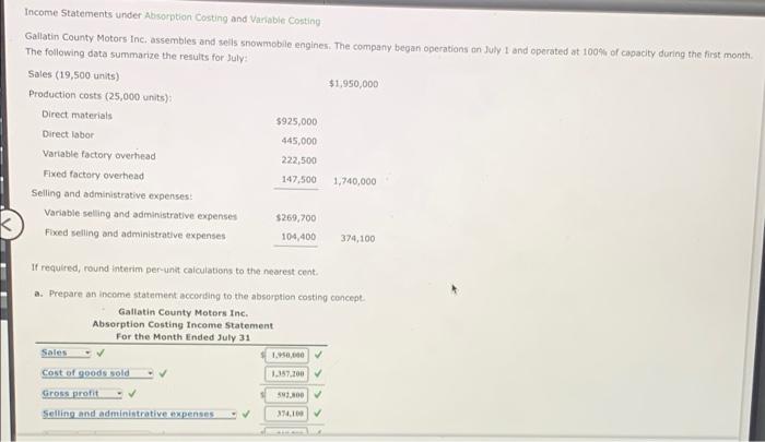 Solved Income Statements Under Absorption Costing And 4305