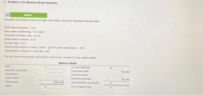 Solved 7. Problem 4.22 (Balance Sheet Analysis) Complete The | Chegg.com