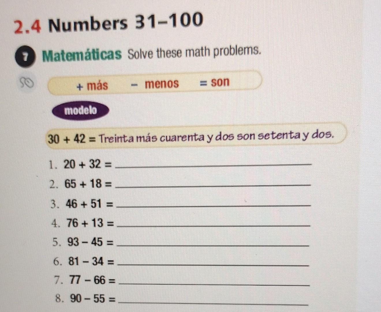 Matemáticas Solve these math problems. 30+42= Treinta | Chegg.com