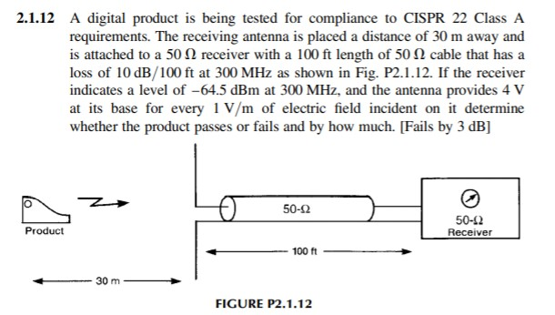 2.1.12 A digital product is being tested for compliance to CISPR 22 Class A
requirements. The receiving antenna is placed a d