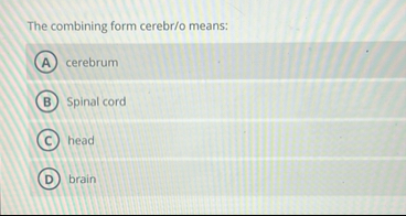 Solved The combining form cerebr/o means:cerebrumSpinal | Chegg.com