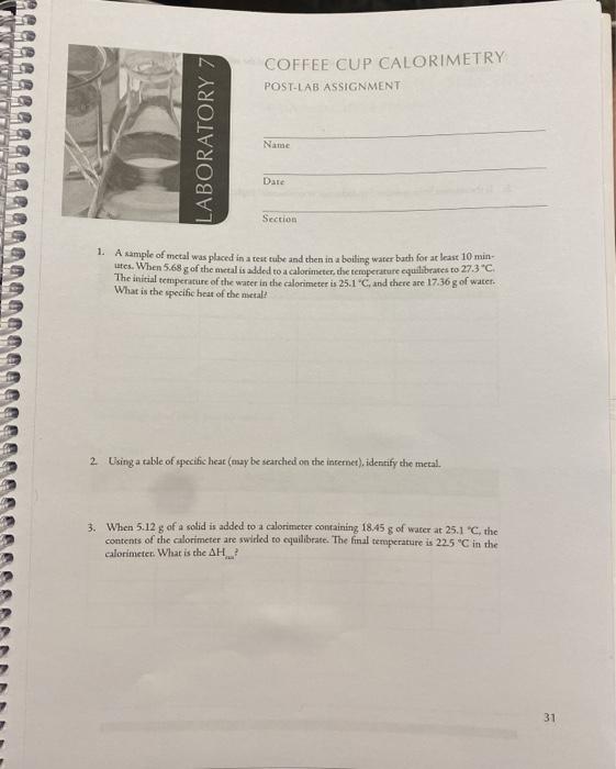 Solved COFFEE CUP CALORIMETRY POSTLAB ASSIGNMENT LABORATORY