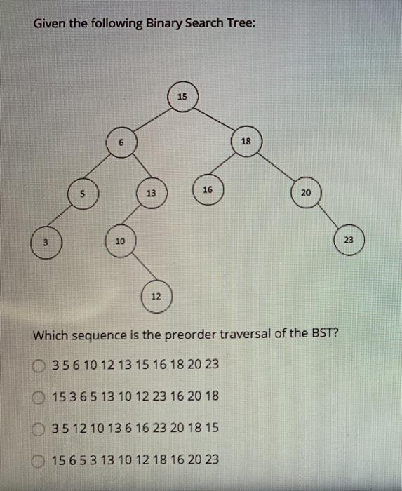 Solved Given the following Binary Search Tree: 15 6 18 5 13 | Chegg.com