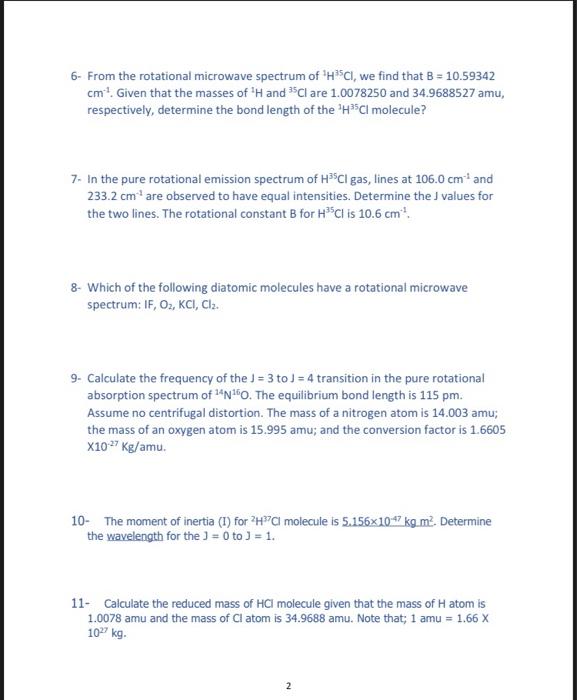 Solved 6- From the rotational microwave spectrum of HCl, we | Chegg.com