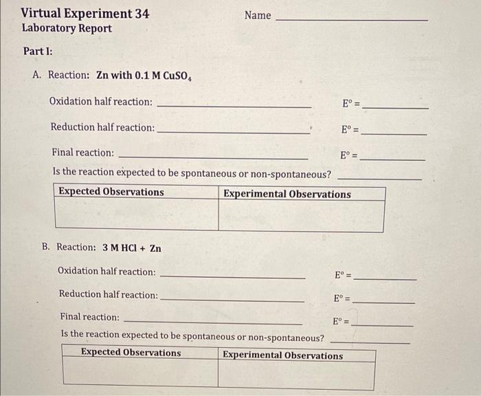 Solved Virtual Experiment 34 Laboratory Report Name Part I: | Chegg.com
