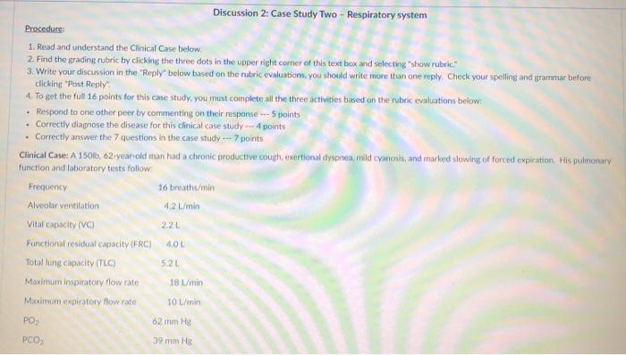 Discussion 2: Case Study Two - Respiratory system Procedure: 1. Read and understand the Clinical Case below. 2. Find the grad