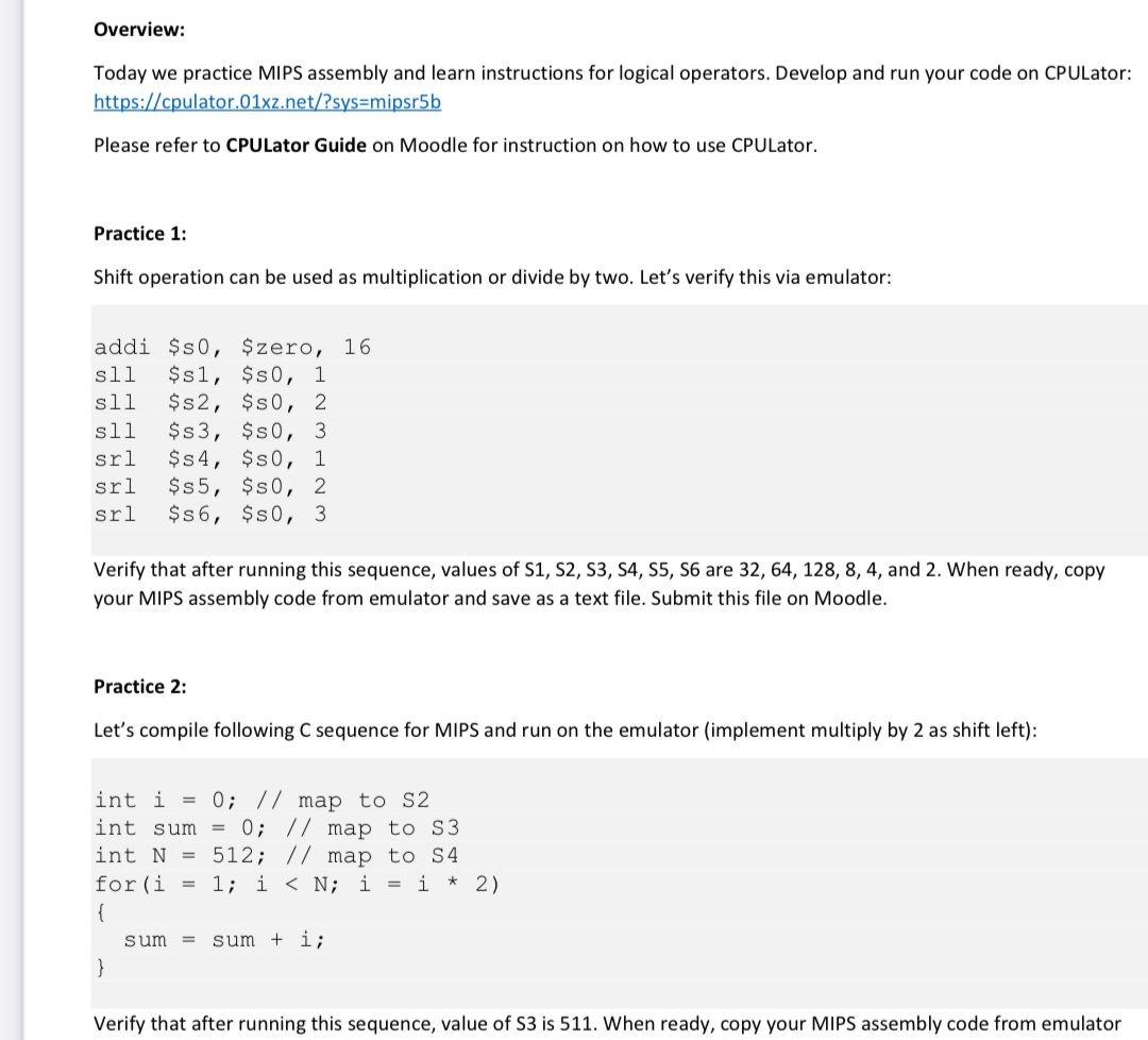 Solved Overview: Today we practice MIPS assembly and learn | Chegg.com