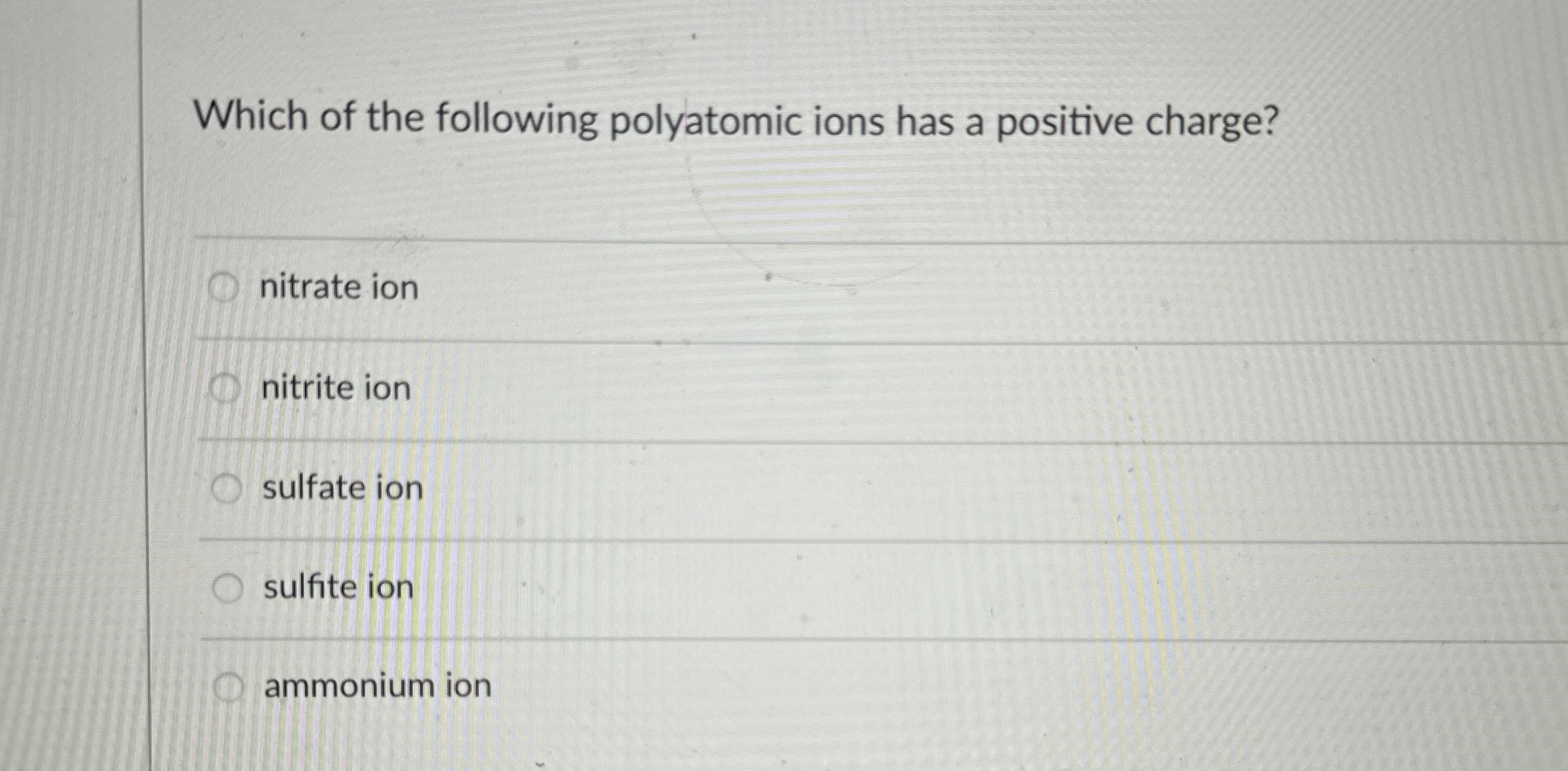 Solved Which of the following polyatomic ions has a positive | Chegg.com