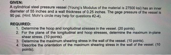 Solved GIVEN: A cylindrical steel pressure vessel (Young's | Chegg.com
