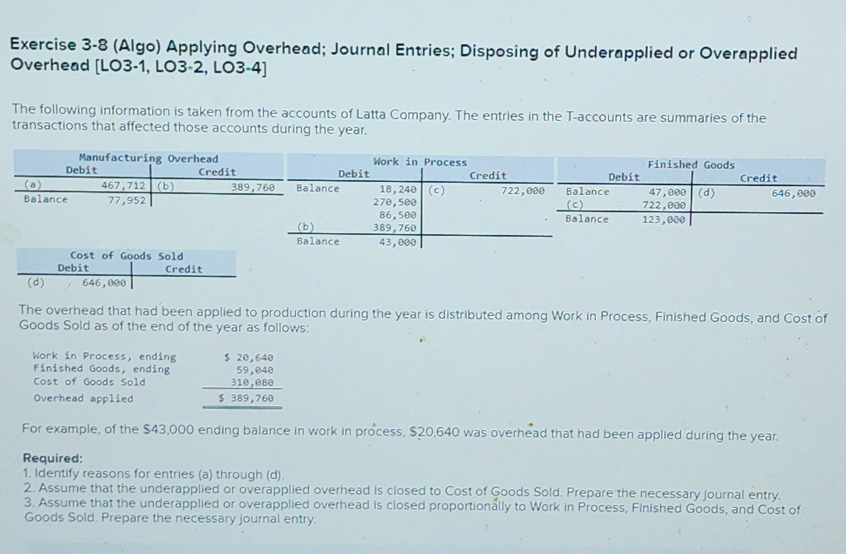 Exercise 3-8 (Algo) Applying Overhead; Journal Entries; Disposing of Underapplied or Overapplied Overhead [LO3-1, LO3-2, LO3-