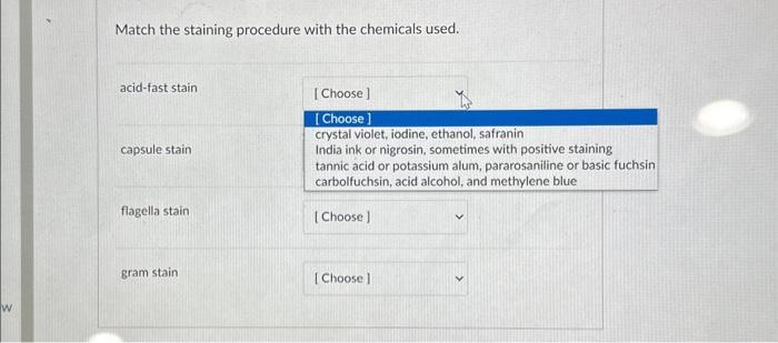 Solved Match the staining procedure with the chemicals used. | Chegg.com